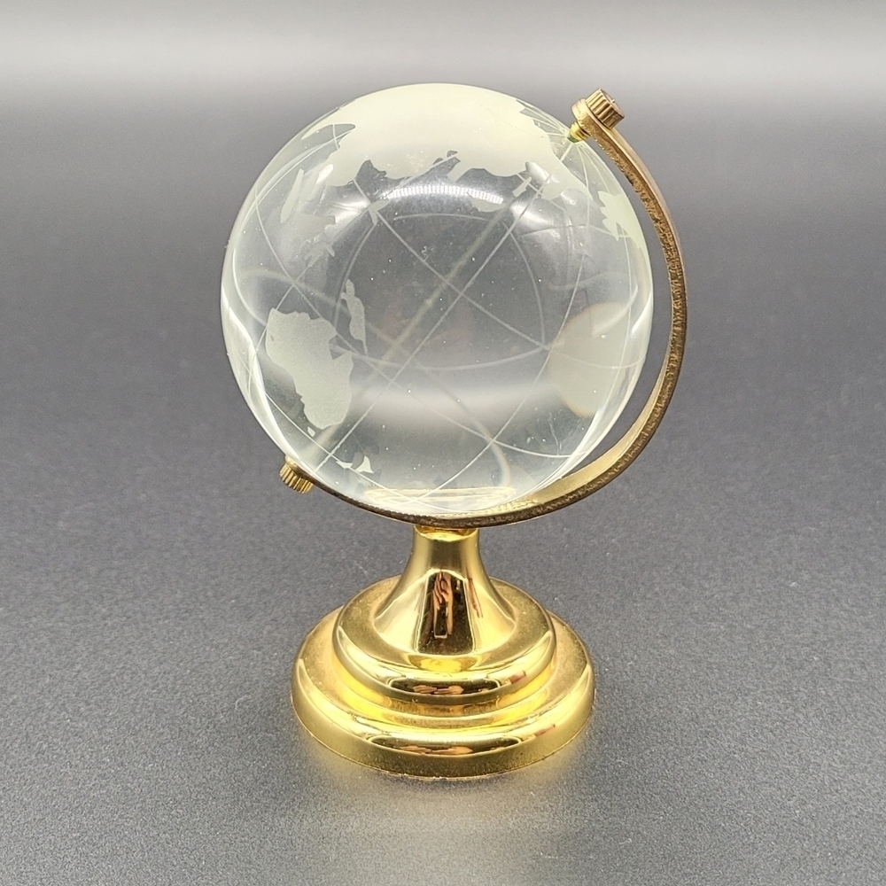Mini Round Clear Crystal Glass Frosted World Globe Gold Color Stand Decor Gift‌